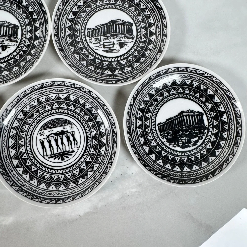 Vintage Greek Black and White Demitasse Cups and Saucers Set Greek Key Parthenon